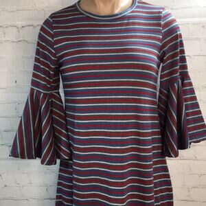 LulaRoe Maureen Dress Red White Blue Stripe Ruffle Bell Sleeve Ruffle Hemline XS